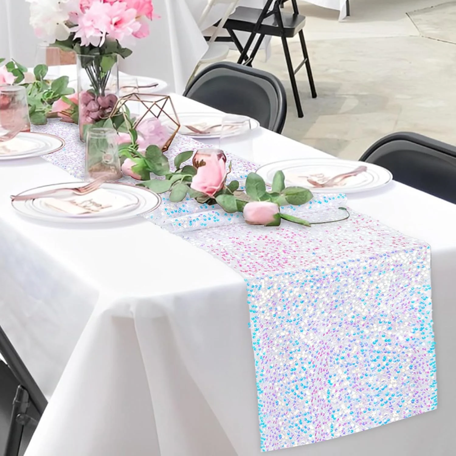 مجموعة من 4 مفرش طاولة مزين بالترتر قزحي الألوان حورية البحر مفرش طاولة لامع لحفلات الزفاف وأعياد الميلاد وديكور المورد