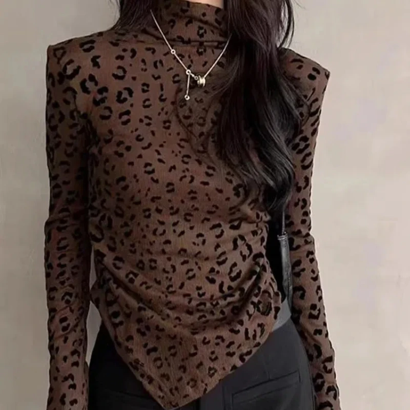 Spring Autumn New Half High Collar Long Sleeve Fashion T-Shirts Women High Street Casual Leopard Pullovers Elegant All-match Top