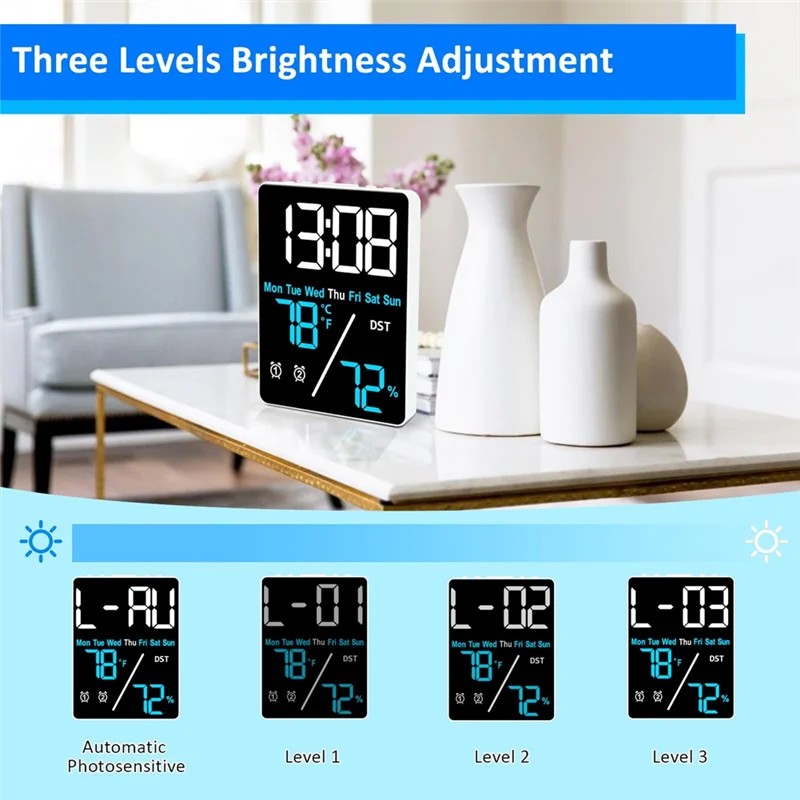 N93R Digital Room Thermometer Hygrometer Alarm Clock For Desk, Indoor Humidity And Temperature Measurement With LED Display