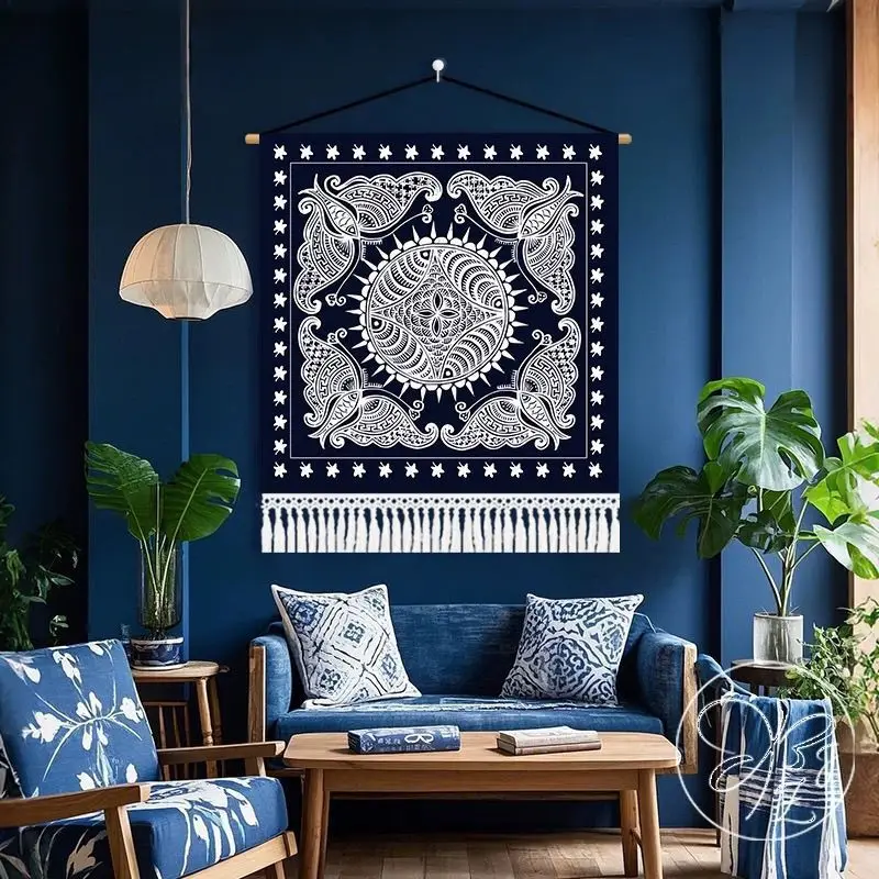 VIKAMA Retro Indigo Ethnic Tapestry Tassel Wall Hanging Polyester Backdrop Bedroom Dorm Living Room Boho Aesthetic Home Decor