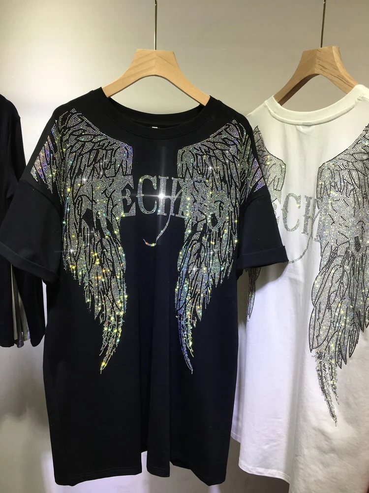 คนอ้วนขนาดใหญ่สวมใส่ปีก Rhinestone ยุโรปแขนสั้นความยาวกลางฤดูร้อนหลวม POP TOP เสื้อยืดแขนสั้นผู้หญิง