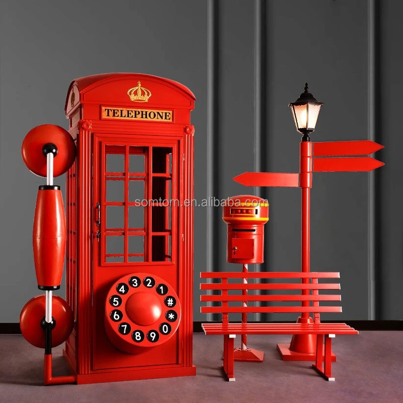 Retro Antique Telephone Booth Set Bar Wedding Decor metal Red Telephone London Classic Phone Booth