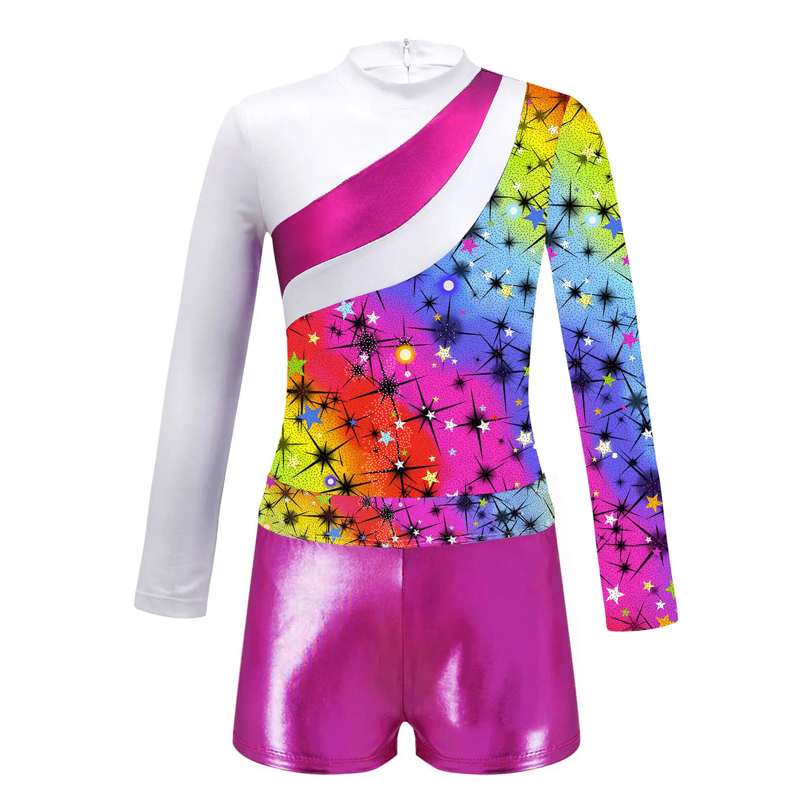 Kids Ballet Dance Outfit Printed Patchwork Gymnastics Leotard with Shorts Sets Skating Bodysuit for Girls Dancing Competition