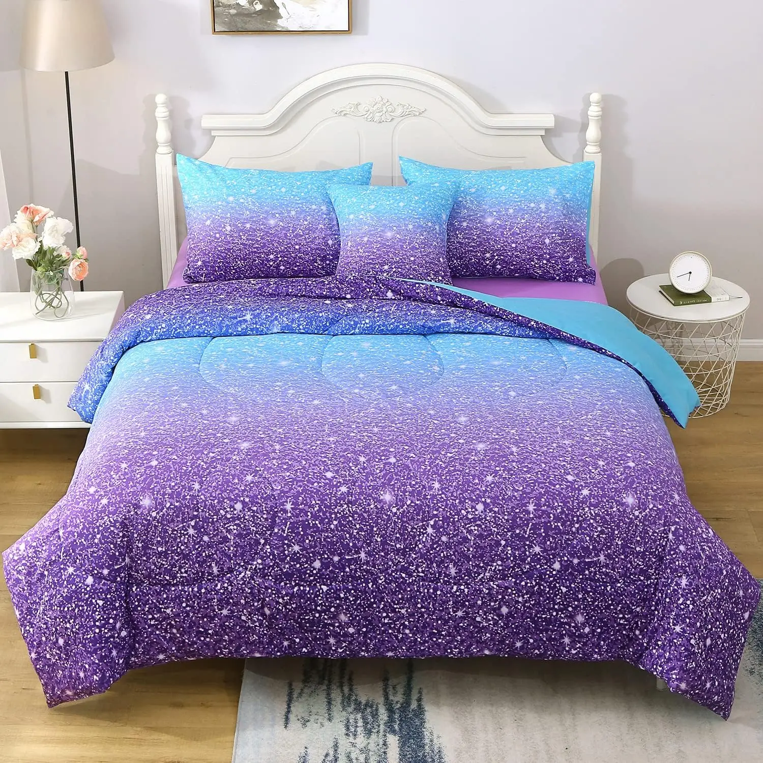 

Twin Size Glitter Comforter Set, 6-Piece Bed in a Bag with Ombre Galaxy Pattern for Girls Kids