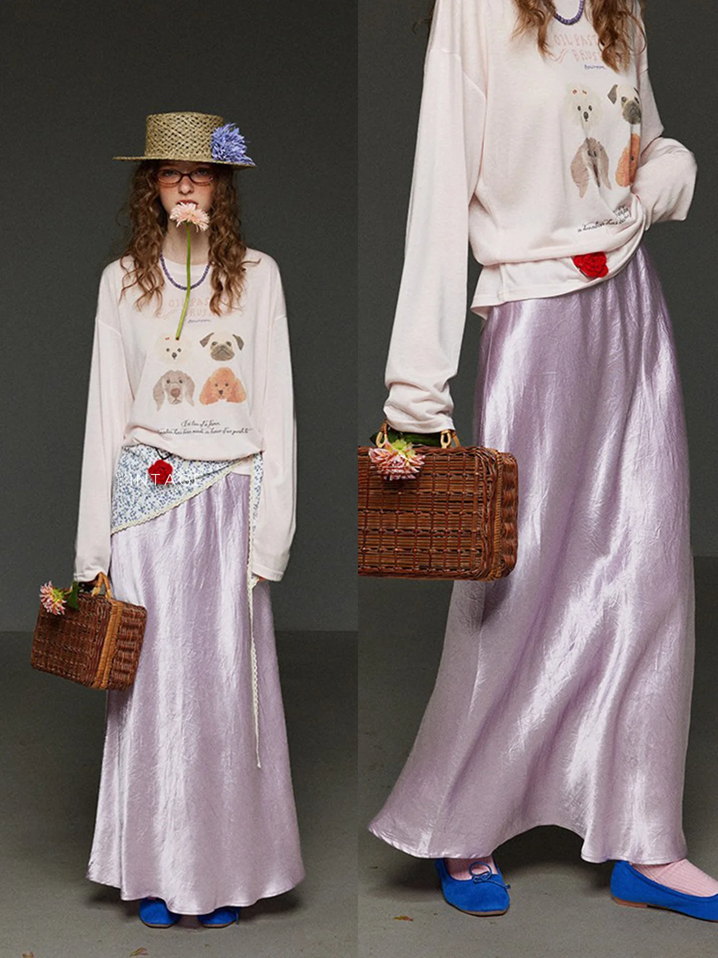 

Light Purple Satin Half-length Skirt with Elastic Waist And Slit for Women TNIT Summer Skin-friendly A-line Gown Commute Ready