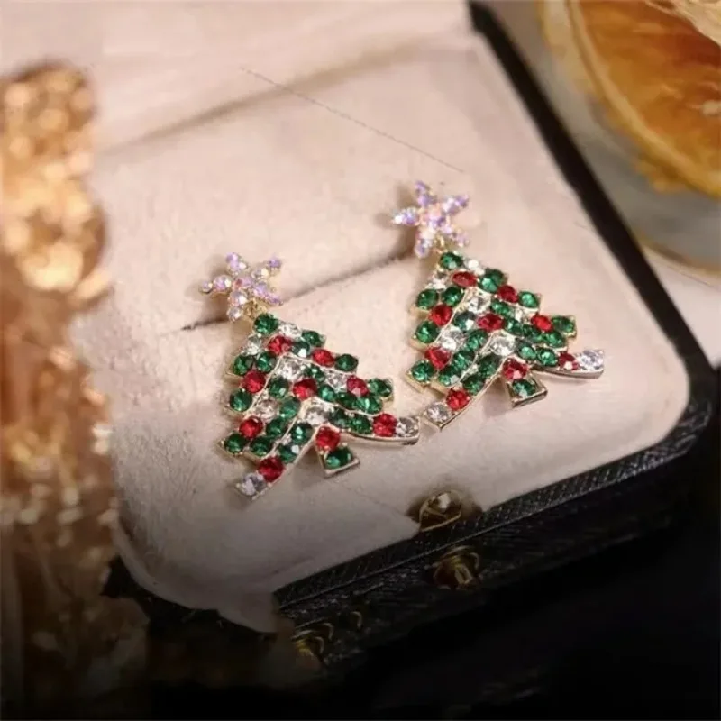 Colourful Zircon Christmas Tree Earrings for Women Sparkling Crystal Snowflake Elk Earring Girls New Year Holiday Jewelry Gifts