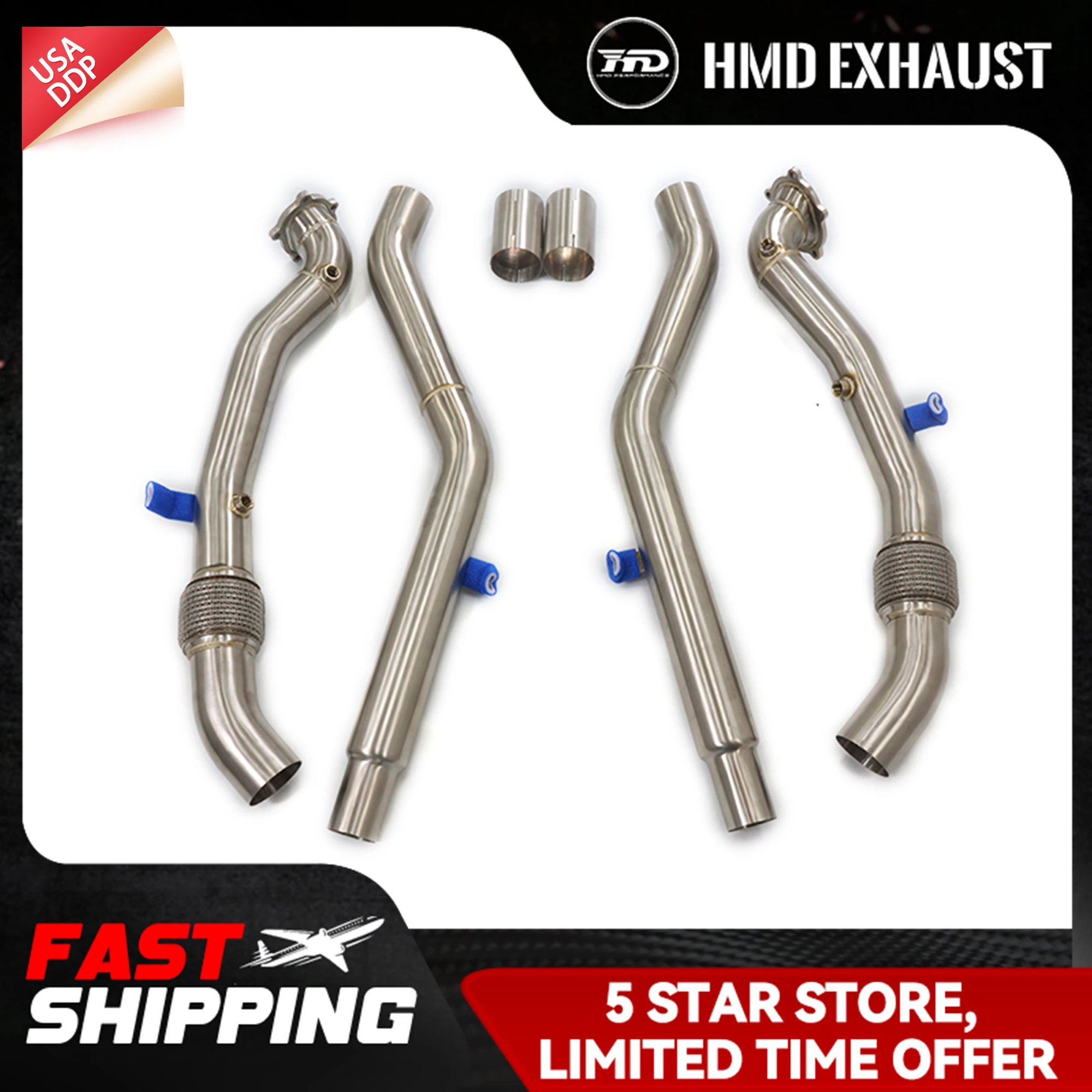 

﻿ HMD Downpipe Exhaust for Audi S6 S7 RS6 RS7 C7 4.0T SS304 Large diameter 76mm Exact Fit Non-destructive installation