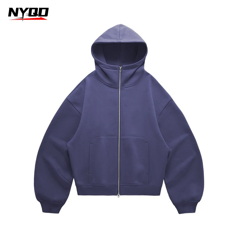Unisex Boxy Fit Hooded Zip Up Sweatshirt Curved Sleeve Winter Eggshell Fleece Lined Hoodie Jacket Casual Oversized Outerwear