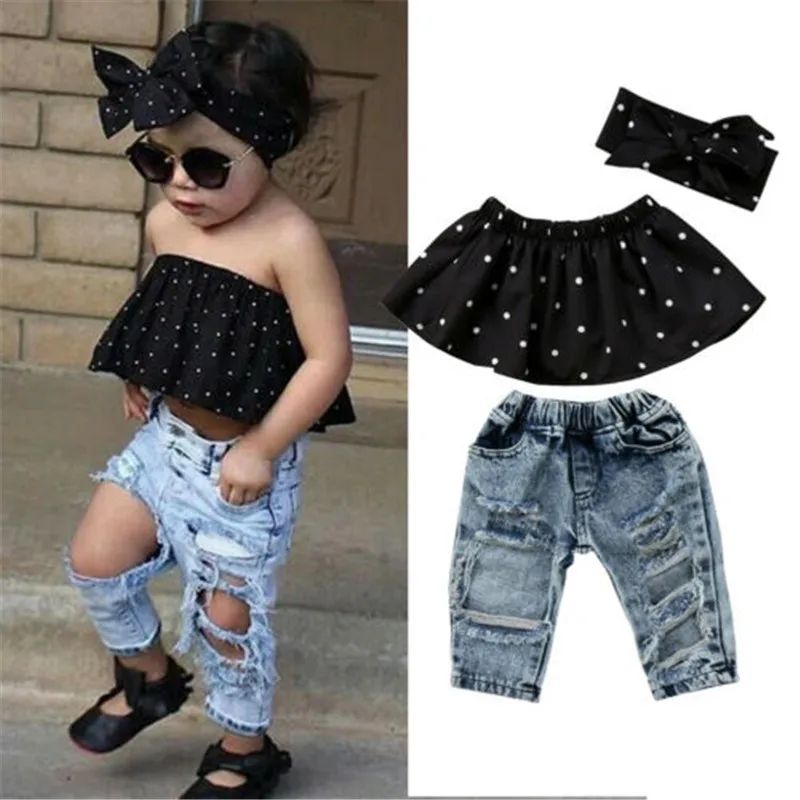 0-36months Baby Girls Summer Outfits Off Shoulder Polka Dot Tops + Ripped Jeans + Bow Headband Girls Casual 3pcs Set