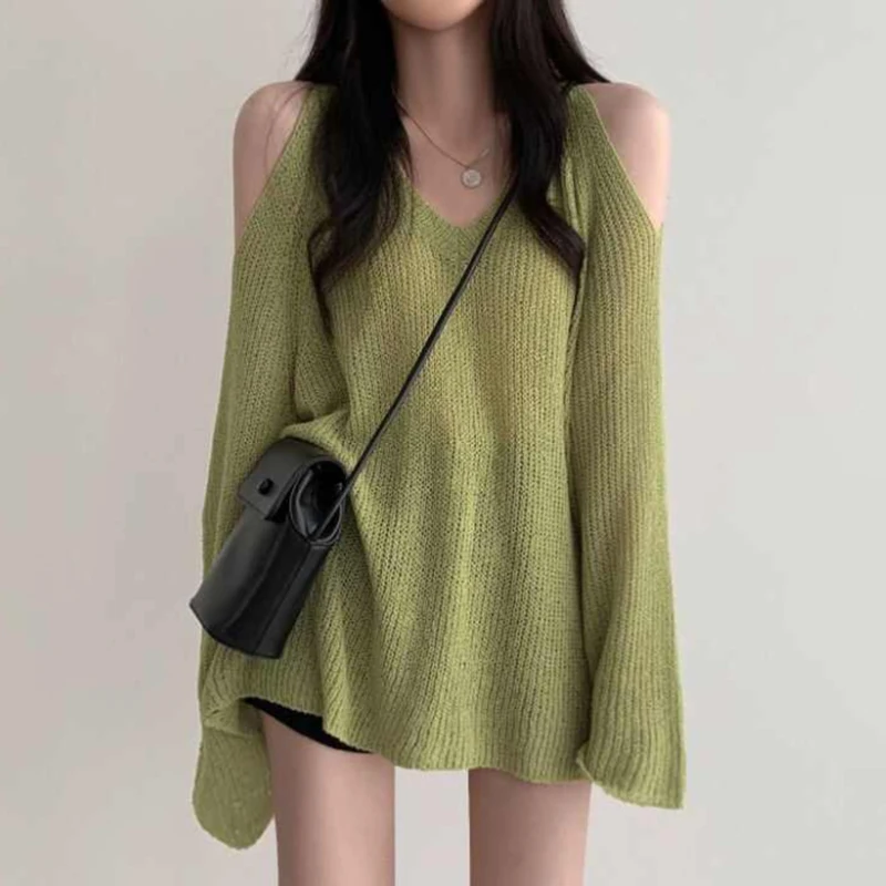 Fashion Loose Knitted Top Woman V-neck Off Shoulder Sweater Autumn Thin Knitwear Korean Style Casual Knit Pullover