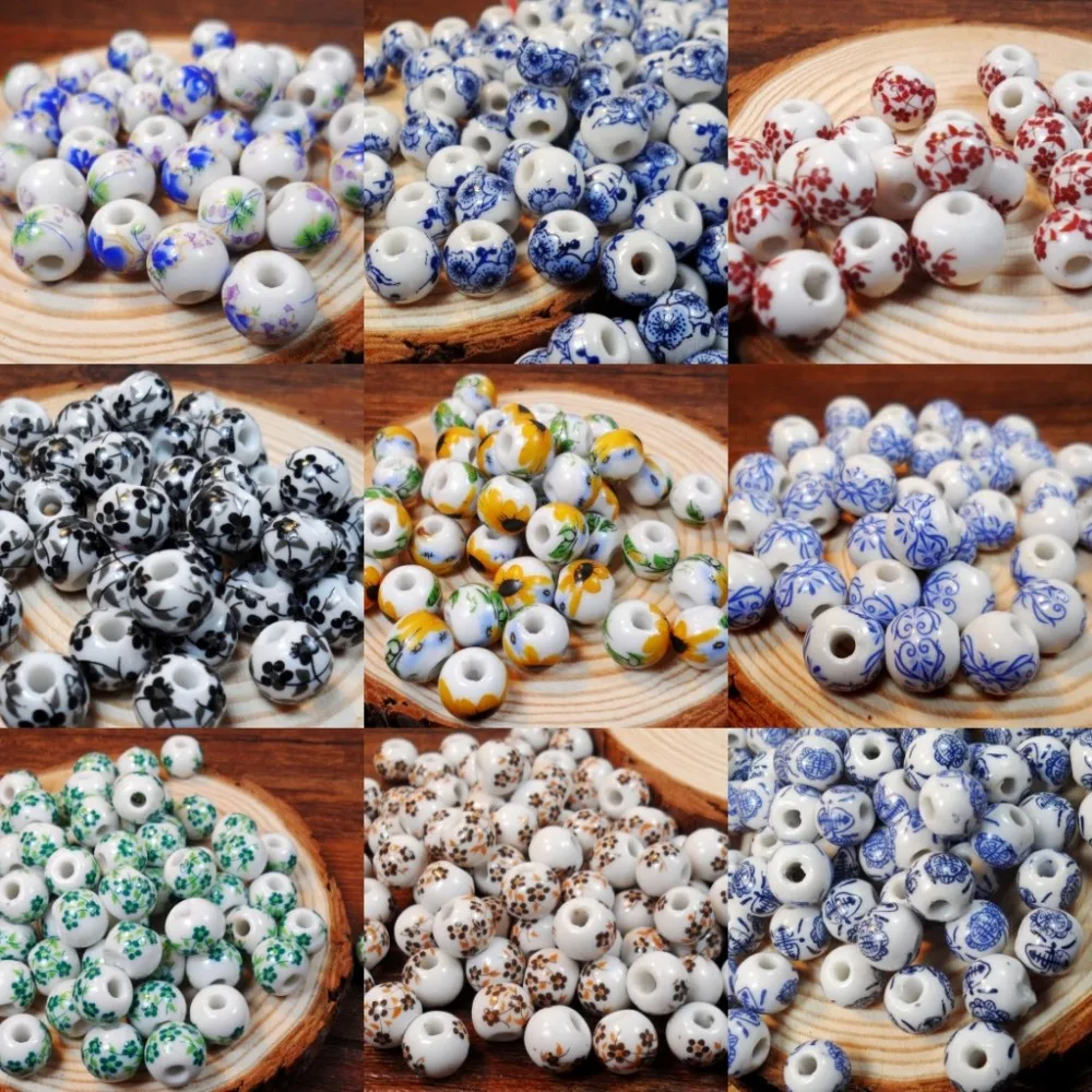 

50pcs/lot 10mm Flower Pattern Ceramic Round Beads Colored Loose Porcelain Bead For Jewelry Making Findings DIY Necklace Bracelet