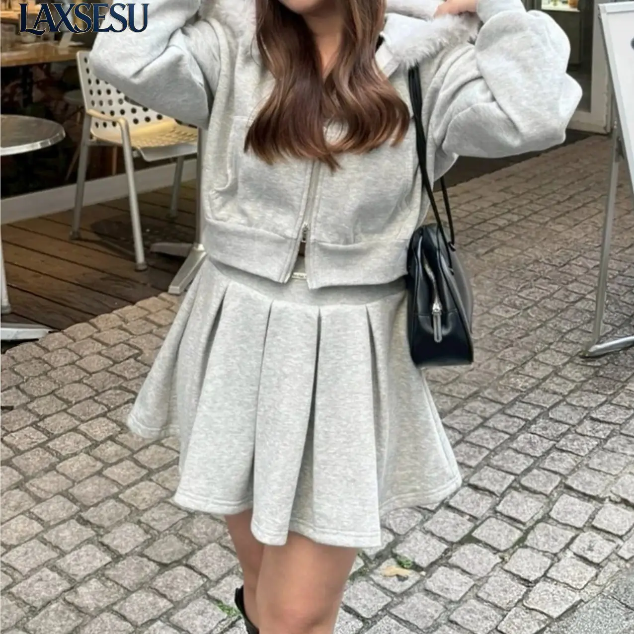 Japanese New Mass-produced Clear Series Sports and Leisure Style Fur Collar Hooded Sweatshirt Cardigan Half Skirt Set for Women