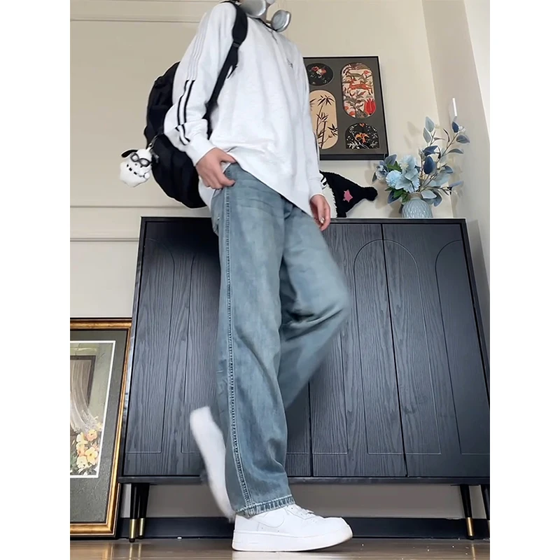 

High Waist Light Blue Men's Jeans Slimming Elastic Straight Leg Trousers Autumn Faionable Straight Tube Knife Jeans