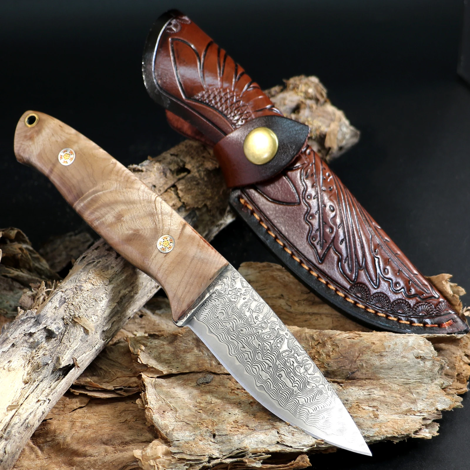 Image of 67-lagiges VG10 Damaszener Messer mit Rosenholzgriff, feststehende Klinge, Outdoor-Messer mit Lederscheide für Camping, Wandern & Jagd