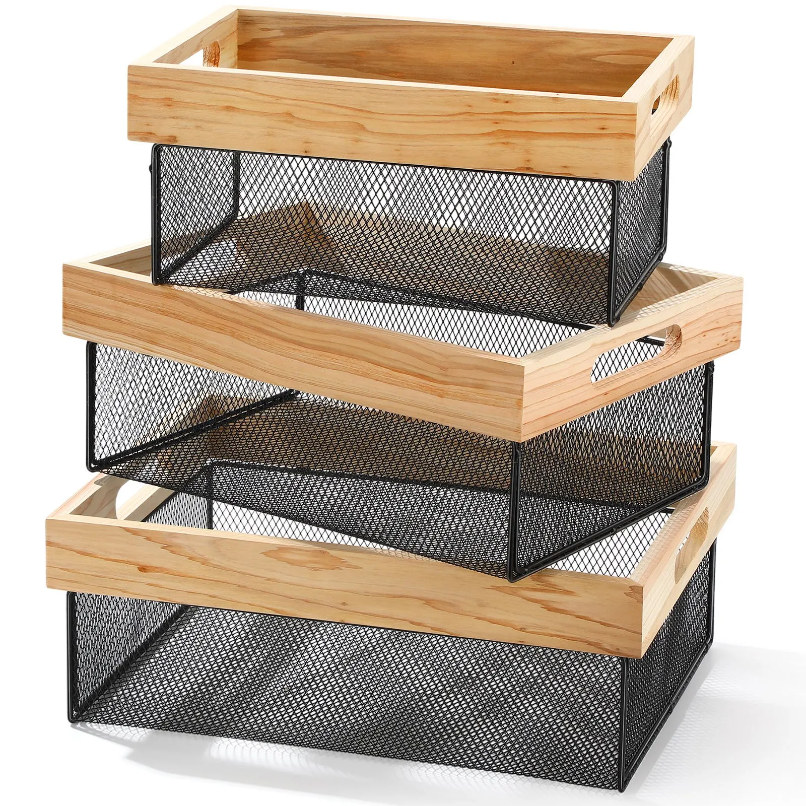 

3pcs Metal Wire Baskets with Cutout Handles Wooden Storage Baskets with Wire Mesh Farmhouse, Bathroom Closets, Shelf Baskets