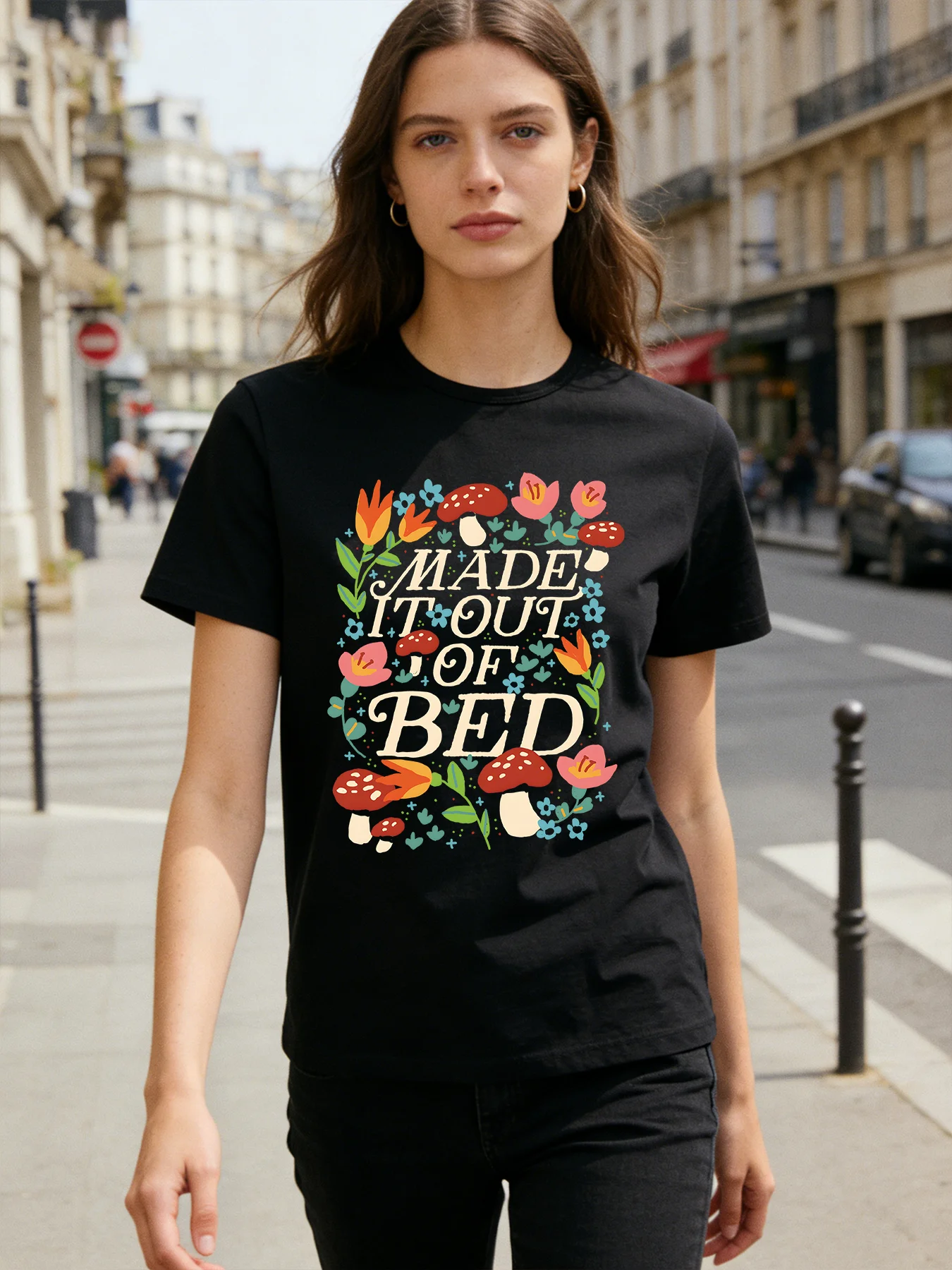 

Made It Out of Bed T Shirt Women Funny Cottagecore Mushroom Floral Graphic Tee Spring Summer Round Neck Short Sleeve Tops