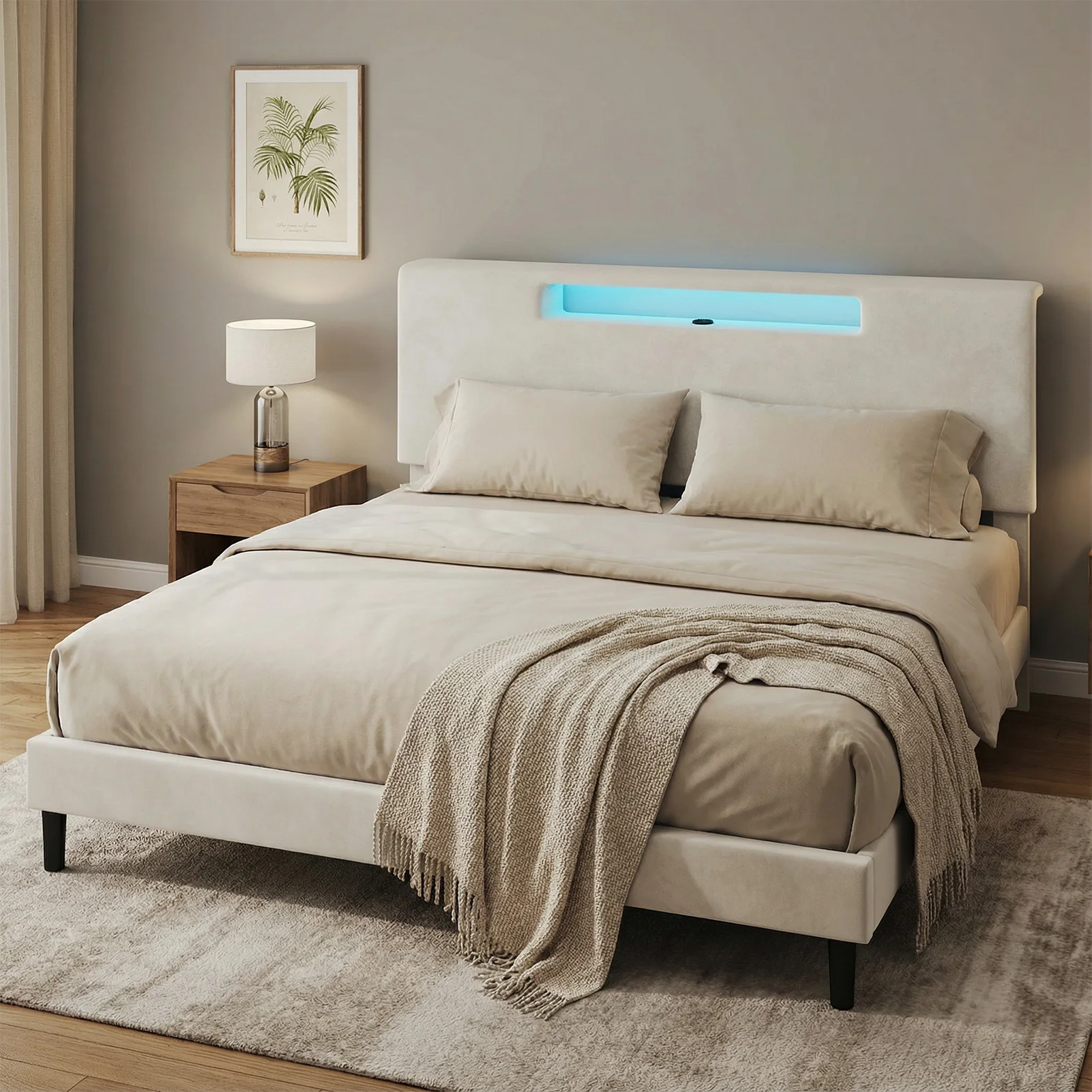 3 Size Upholstered Bed Frame w High Headboard Adjustable LED Lights Charging Port Wood Slat Support Platform Bed Frame Noiseless