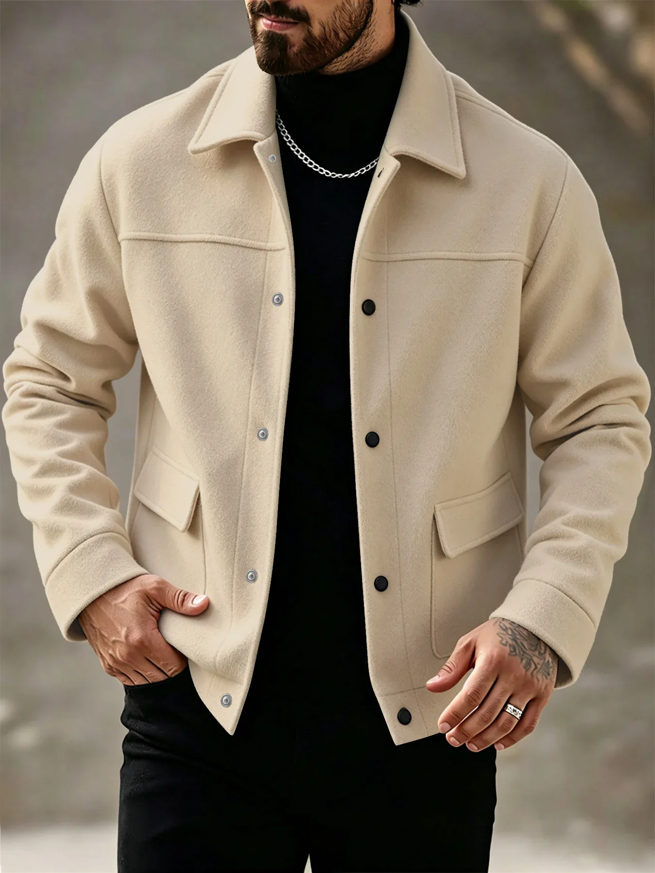 2026 New Autumn/Winter Men's Coat Fashion Woolen Jacket Solid color Notched lapel Pocket Leisure Long sleeves