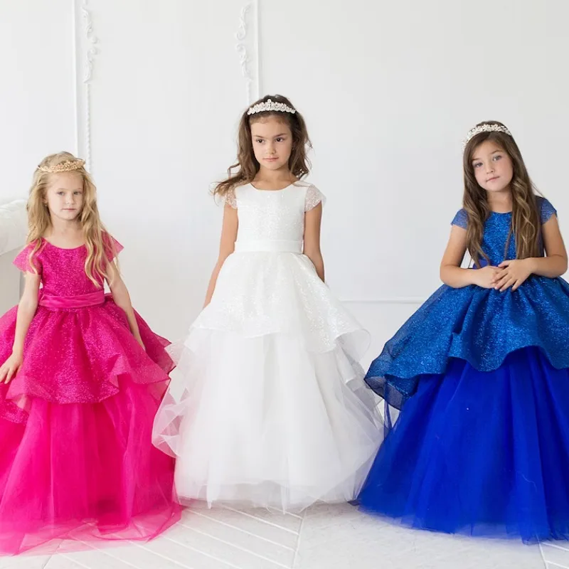 Glitter Flower Girl Dresses Belt Bow V Back Long Princess Baby Girl Birthday Party First Communion Wedding Gown