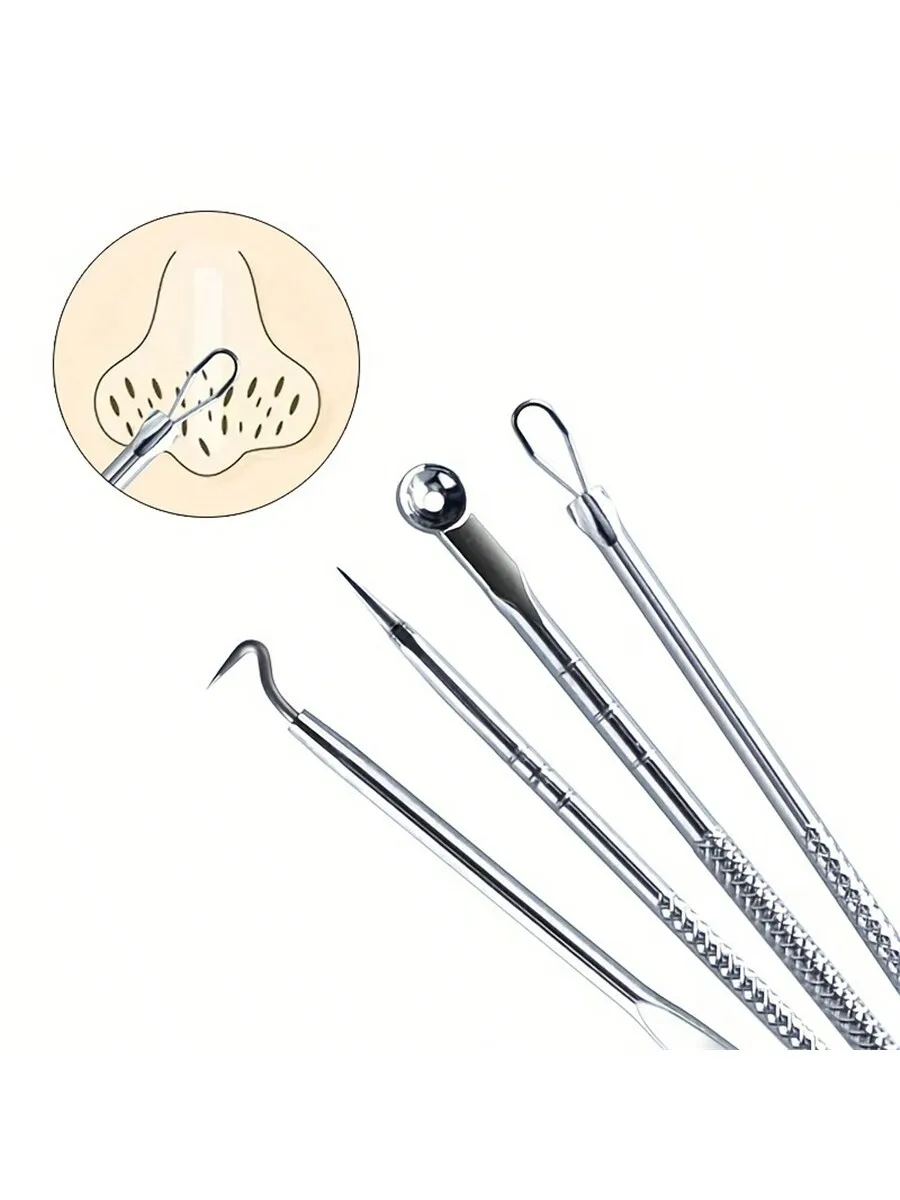 Ago per l'acne in acciaio inossidabile per rimuovere i punti neri, rimuovere l'acne, spremere l'acne, clip per cellulare, ago per l'acne, clip per l'acne, set da 4 pezzi
