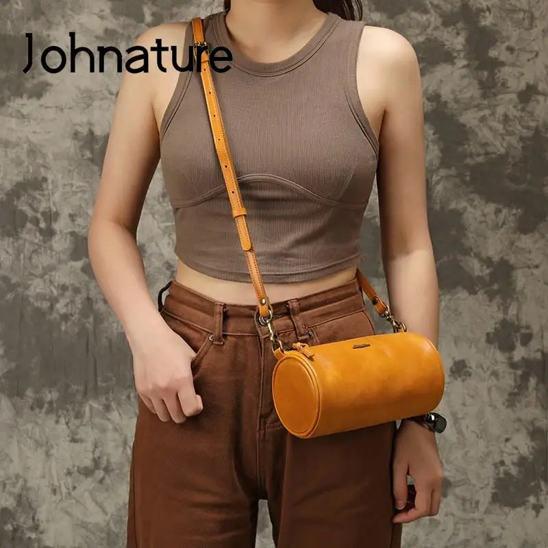 Johnature Versatile Simple Genuine Leather Women Bag 2024 New Retro Natural Soft Real Cowhide Small Shoulder & Crossbody Bags