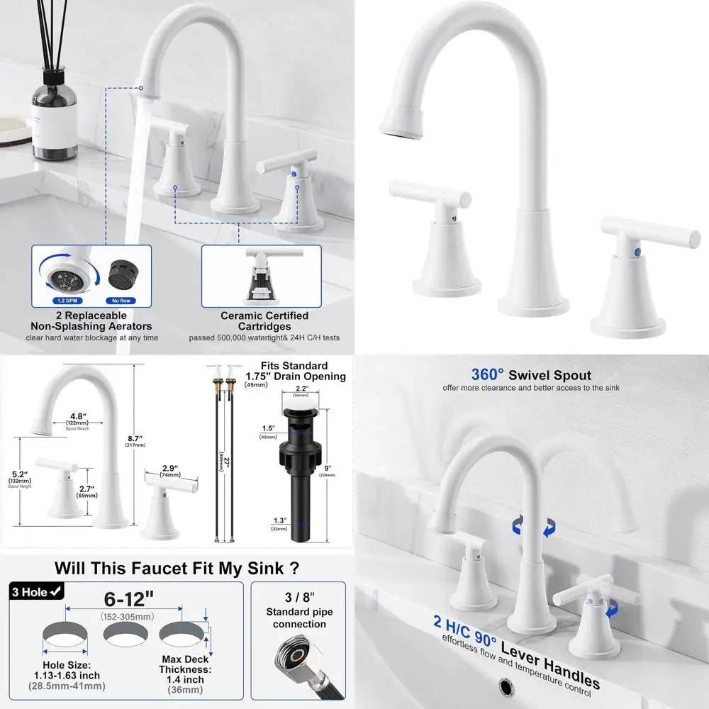 

Белый смеситель для раковины в ванной комнате с 3 отверстиями и выдвижным сливом, бессвинцовая нержавеющая сталь, широко распространенная для туалетного столика и раковин в фермерском доме