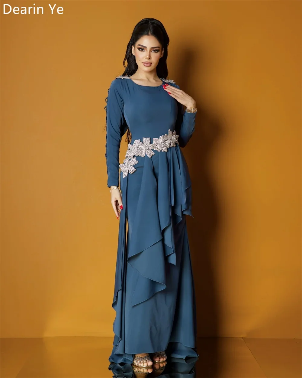 Customized Saudi Arabia Formal Gown Dearin Scoop Neckline A-line Floor Length Skirts Fold Layered Draped Open Back Bespoke Occas