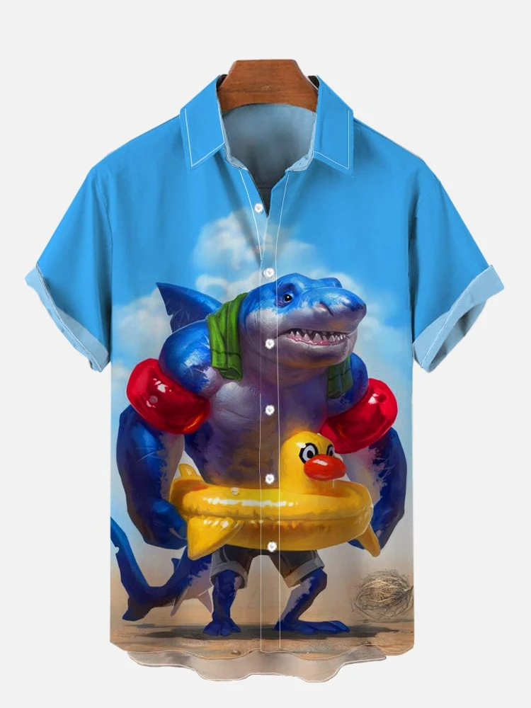 

Hawaiian Summer Cartoon Shark and Duck Swimming Ring Printing Short Sleeve Shirt Short Sleeve Shirt Loose Versatile Couple Shirt