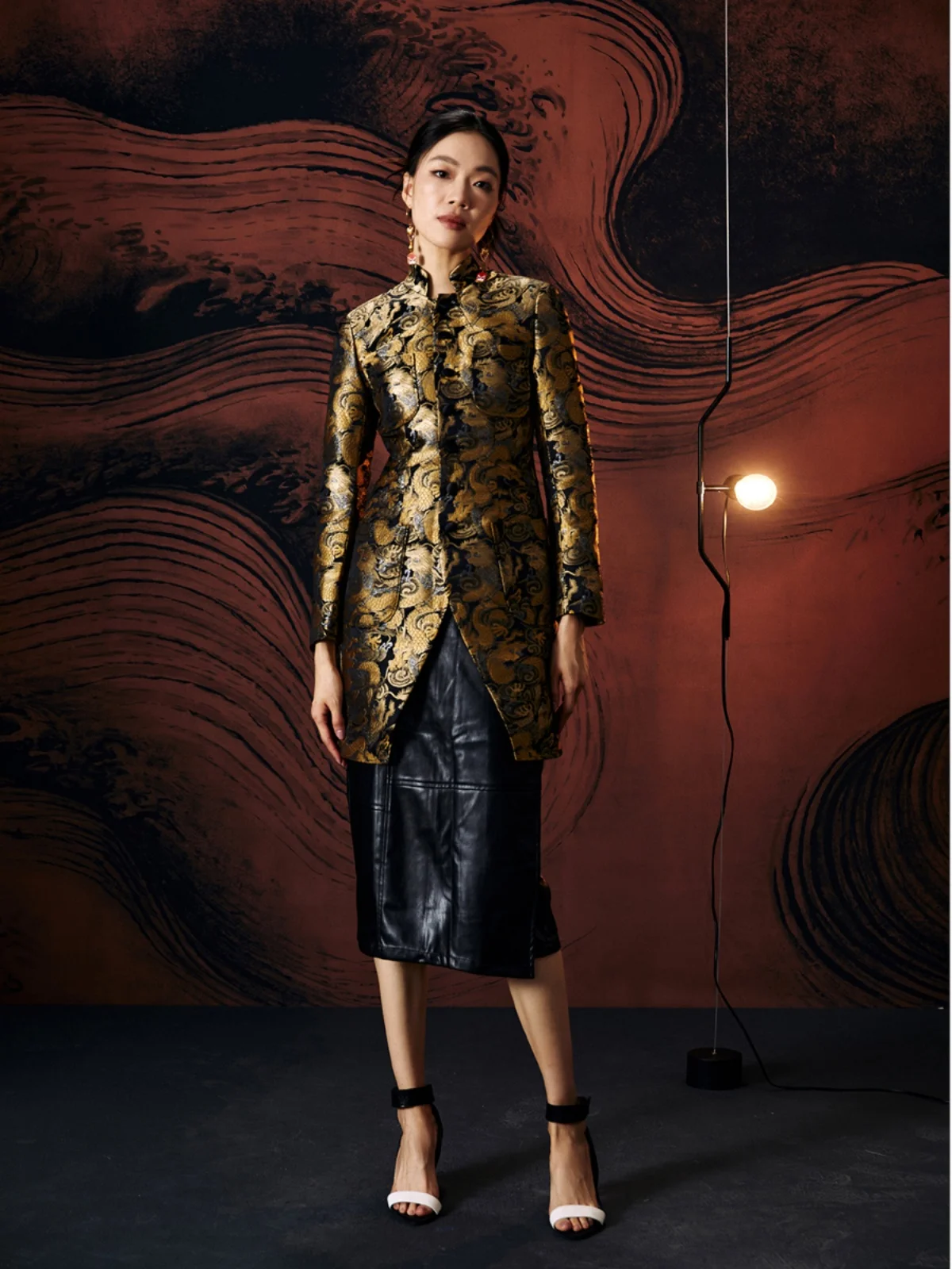 

Женский пиджак Ele с длинным воротником и узором дракона, оригинальный китайский стиль, приталенный крой, винтажная цветочная вышивка