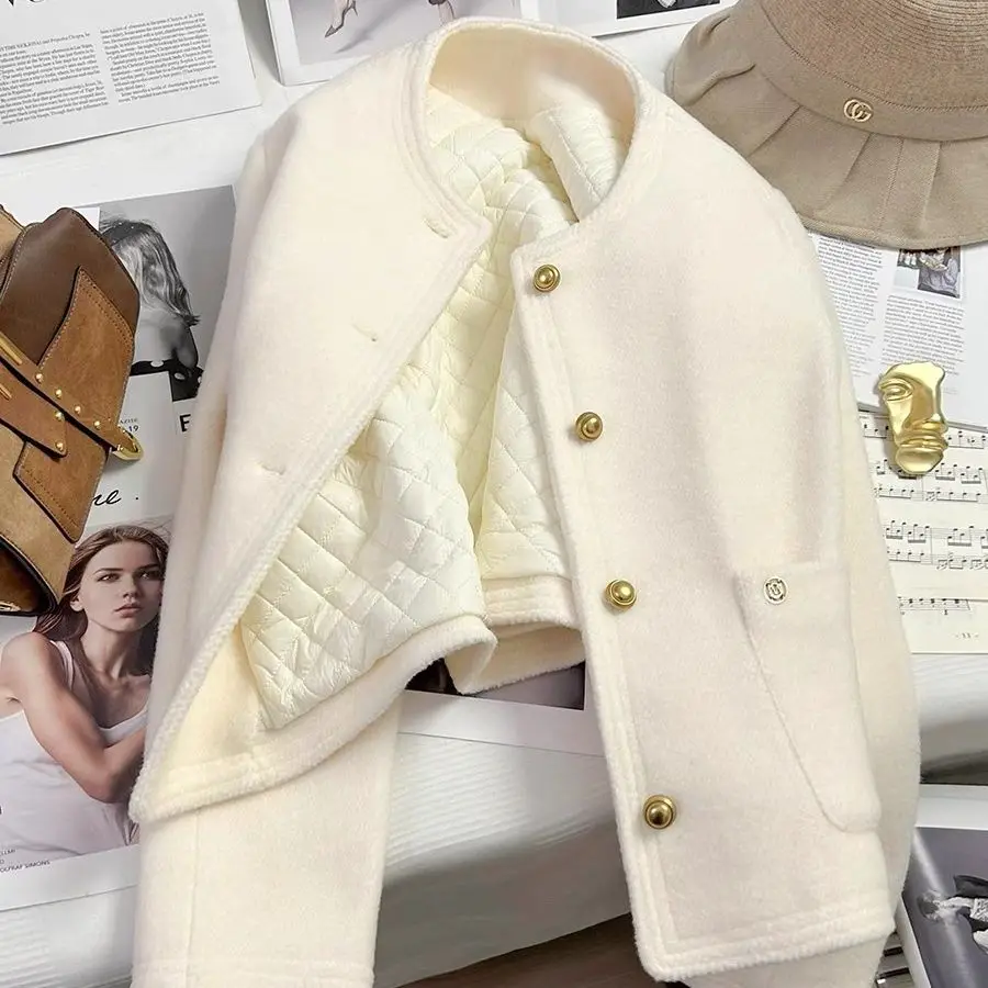 Beige Inner Cotton Lined Short Jacket Women's Fashion 2025 Winter New Style Small Size Elegant Lady Top Trendy Outerwear