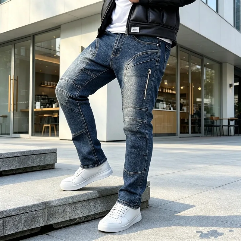 Men Retro Blue Biker Multi Cut Panel Zipper Patchwork Straight Jeans Motorcycle Denim Trousers