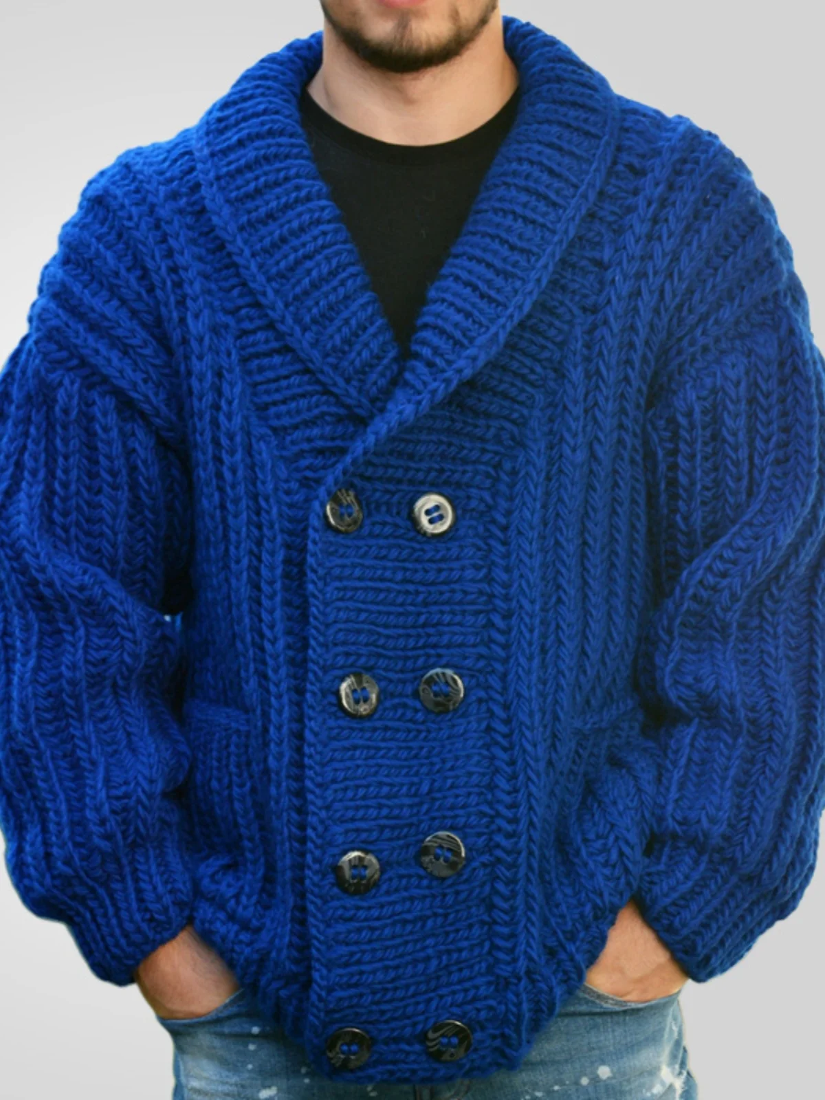 

Men's Thiened Double-Breasted Knitwear Loose Fit Long Sve Sweater Winter Casual Faion Warm Outerwear Knitted Coat