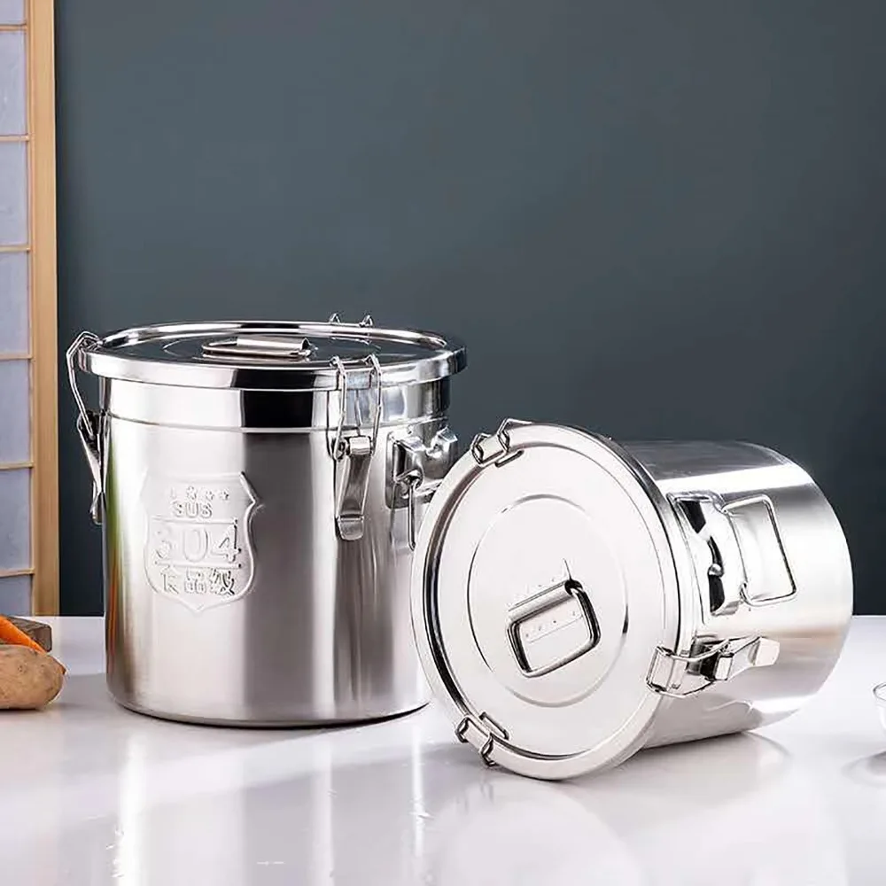 304 Stainless Steel Kitchen Grain Container Moisture-proof Pest-proof Milk Storage Bucket with Seal Lid with Handle