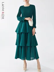 LANMREM Fashion Pleated Cake Dress Women's O-neck Long Sleeves Elastic Stretch Solid Color Dresses 2024 Autumn New 2Z2393