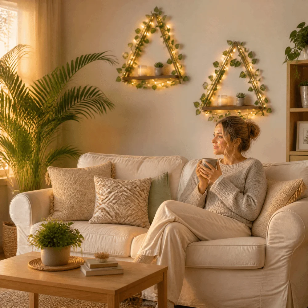 Decor Artificial Ivy Floating Wall Shelf Wooden Hanging Wall Mounted Shelf LED Light Floating Plant Pot Tray Living Room