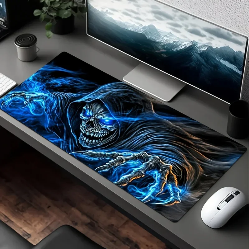 1PC Long Gaming Mouse Mat 1PC Gamer Big Table Mouse Mat Reaper Skull Gaming Mouse Pad - Large Fantasy Themed Table Mat with Blue
