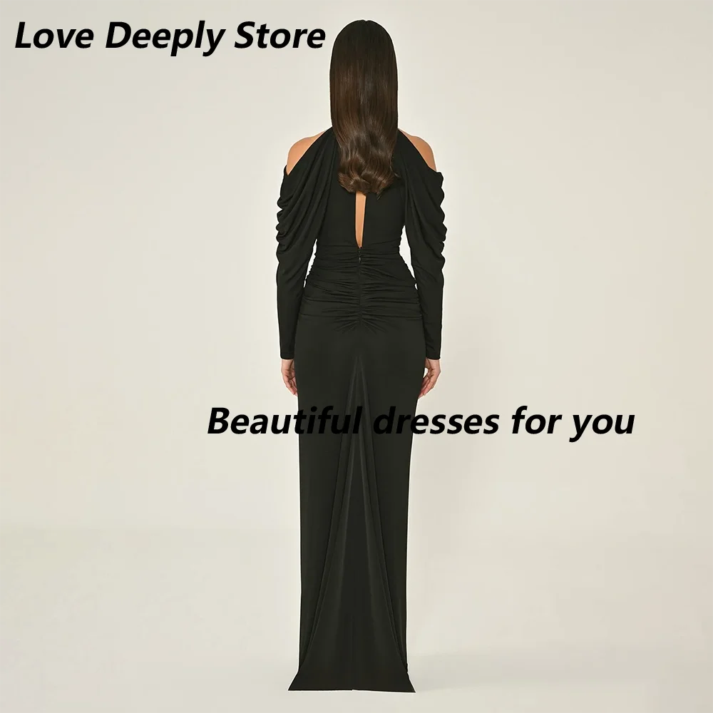 Black Prom Dress Customized Halter Off Shoulder Long Sleeves Evening Gowns Pleat Crystals Slit Straight Elegant Party Dresses image 2