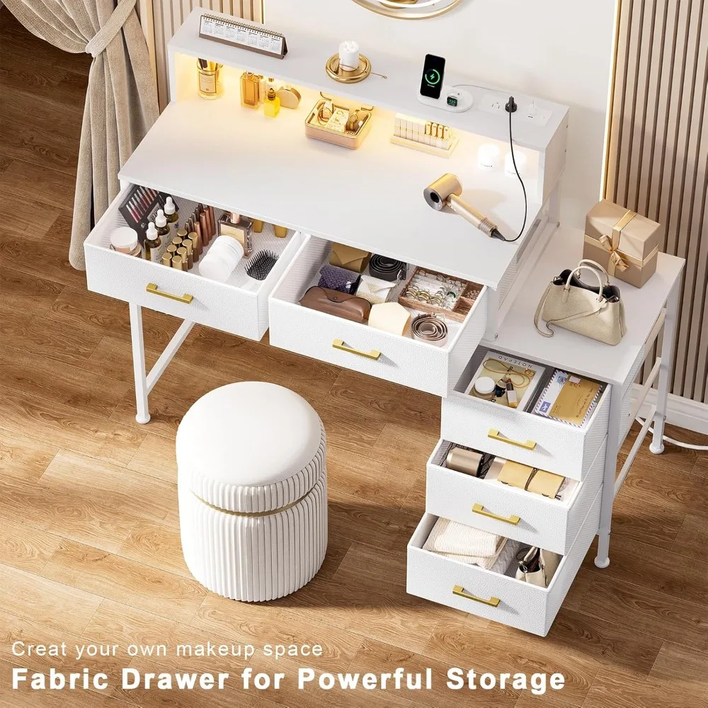 Kousei 47.2 مكتب الغرور المعاصر مع 5 أدراج قماش، ومحطة شحن متكاملة، وطاولة مكياج موفرة للمساحة لغرفة النوم #6