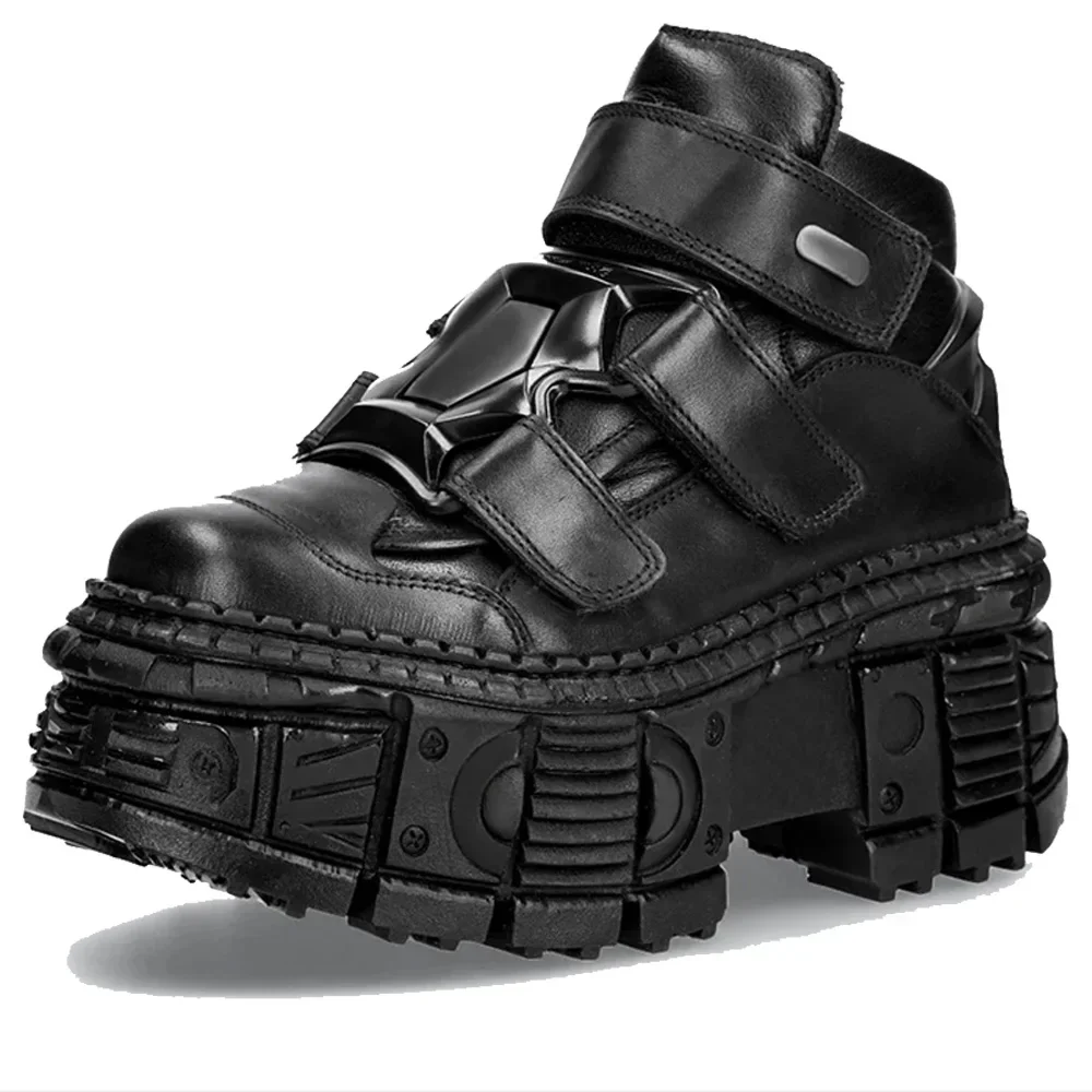 

Women Genuine Leather Punk Chunky Shoes Platform Ankle Boots Gothic Lace Up Shoes Metal Motorcycle Boots Round Toe Western Boots
