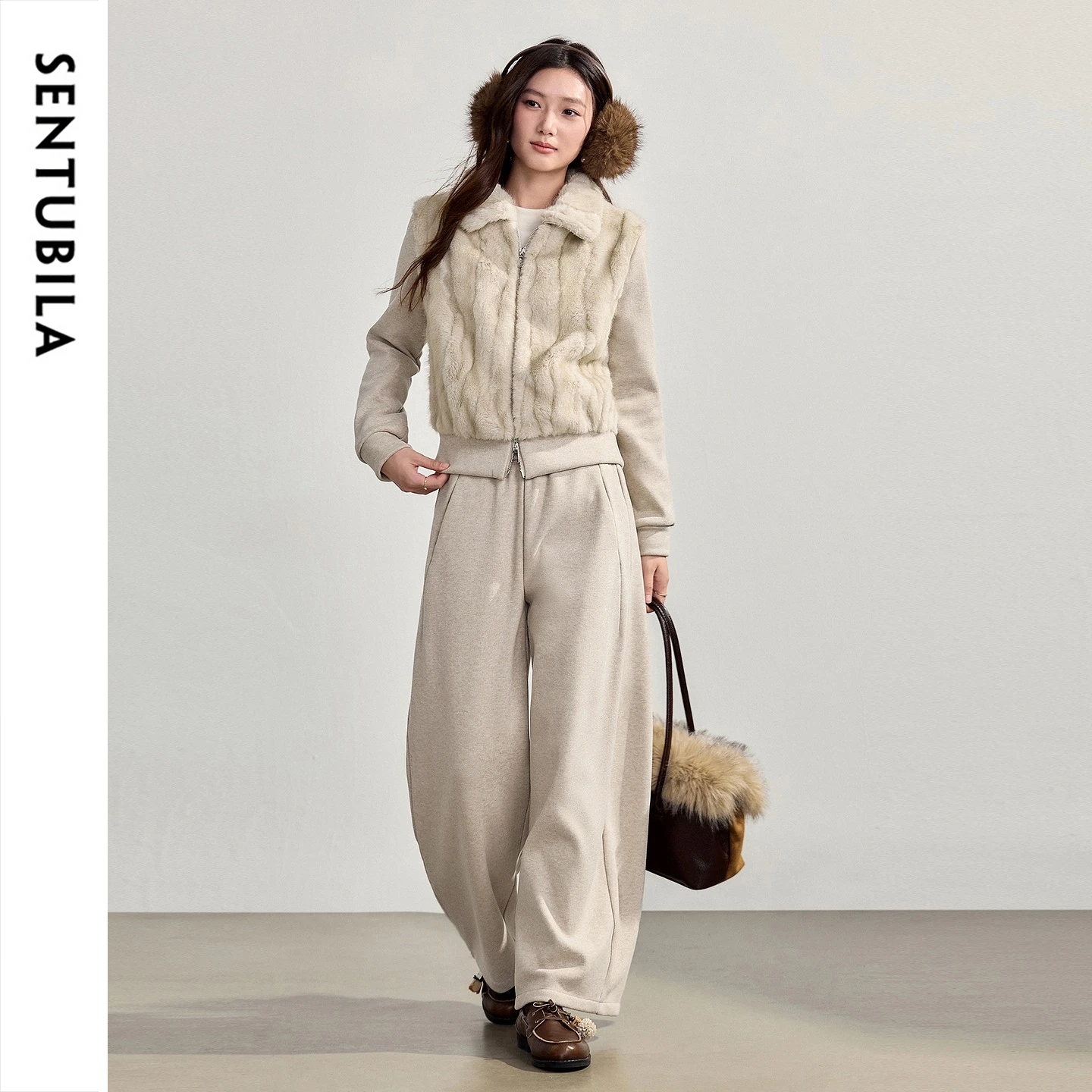 SENTUBILA Women's Matching Sets Winter Fuzzy Short Cardigan High Waist Pant 2 Piece Set 2026 Thick Knit Commute Outfit W64ZF9458