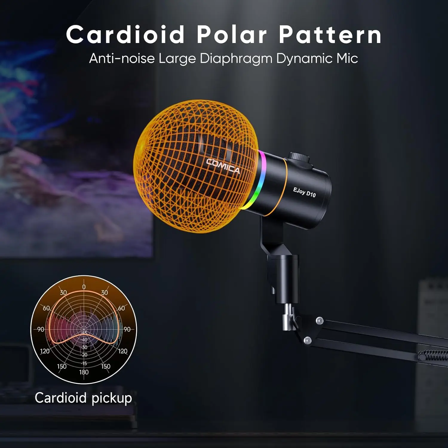 ميكروفون ألعاب USB من COMICA EJoy D10(A)، ميكروفون بوم بذراع مع خاصية إلغاء الضوضاء، ميكروفون استوديو RGB للبث والبودكاست والتسجيل