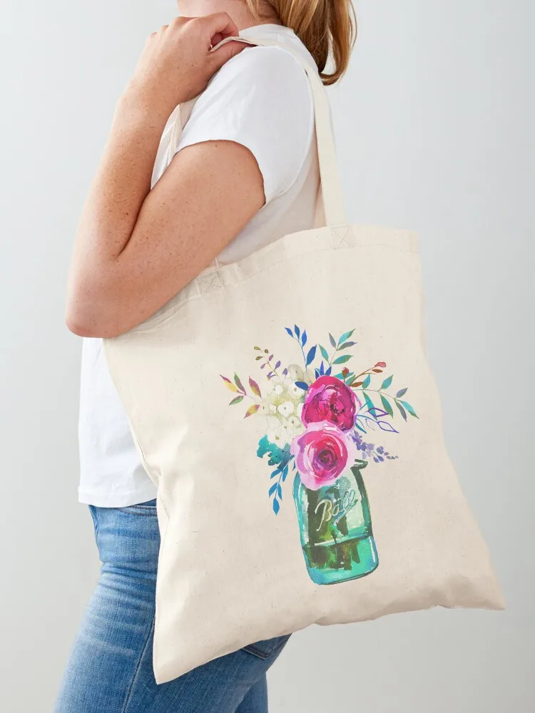 Watercolor mason jar flowers Tote Bag Shopper bag Big bag Canvas Tote