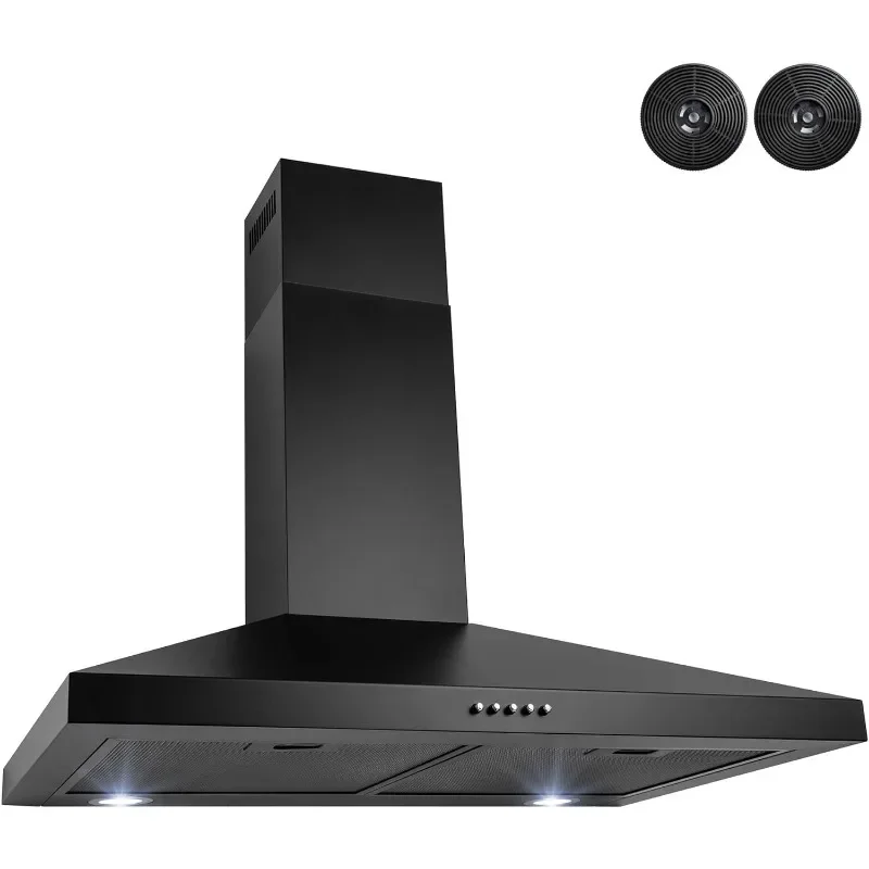 30 polegadas. Convertible Kitchen Wall Mount Range Hood, preto pintado aço inoxidável, filtros de carbono