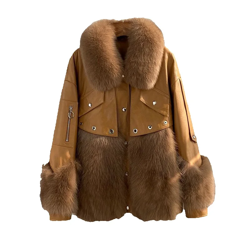 

New Genuine Leather Short Style Women's Genuine Leather Sheepskin Fur Fox Fur Fashionable Jacket