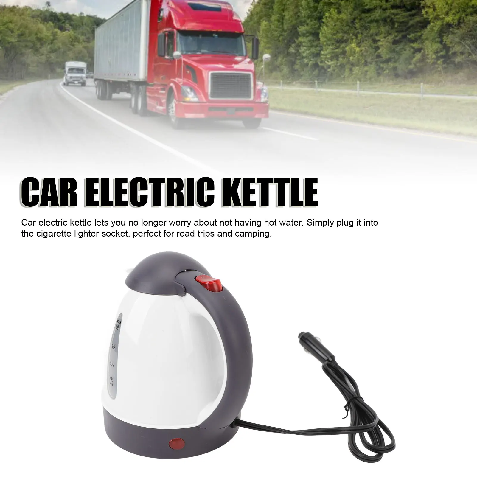 Car Electric Kettle Stainless Steel Plastic Electric Truck Water Boiler Heater 1L Auto Shut Off Water Level Window for Driving