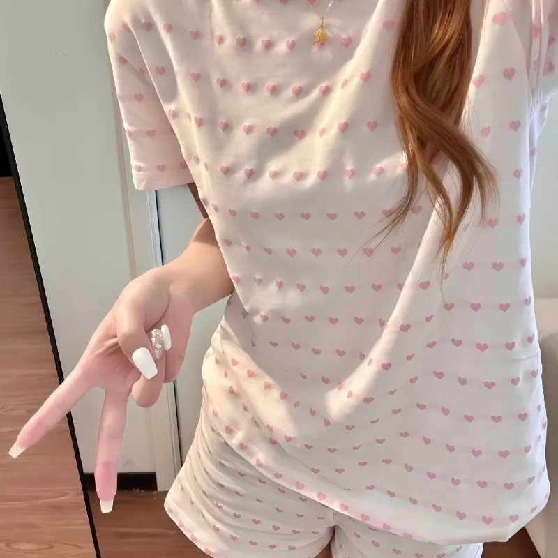 Ins Korean-Style Sweet Heart Print Short-Sleeve and Shorts Pajama Set for Girls, Summer Plus-Size, Slim-Fitting Homewear