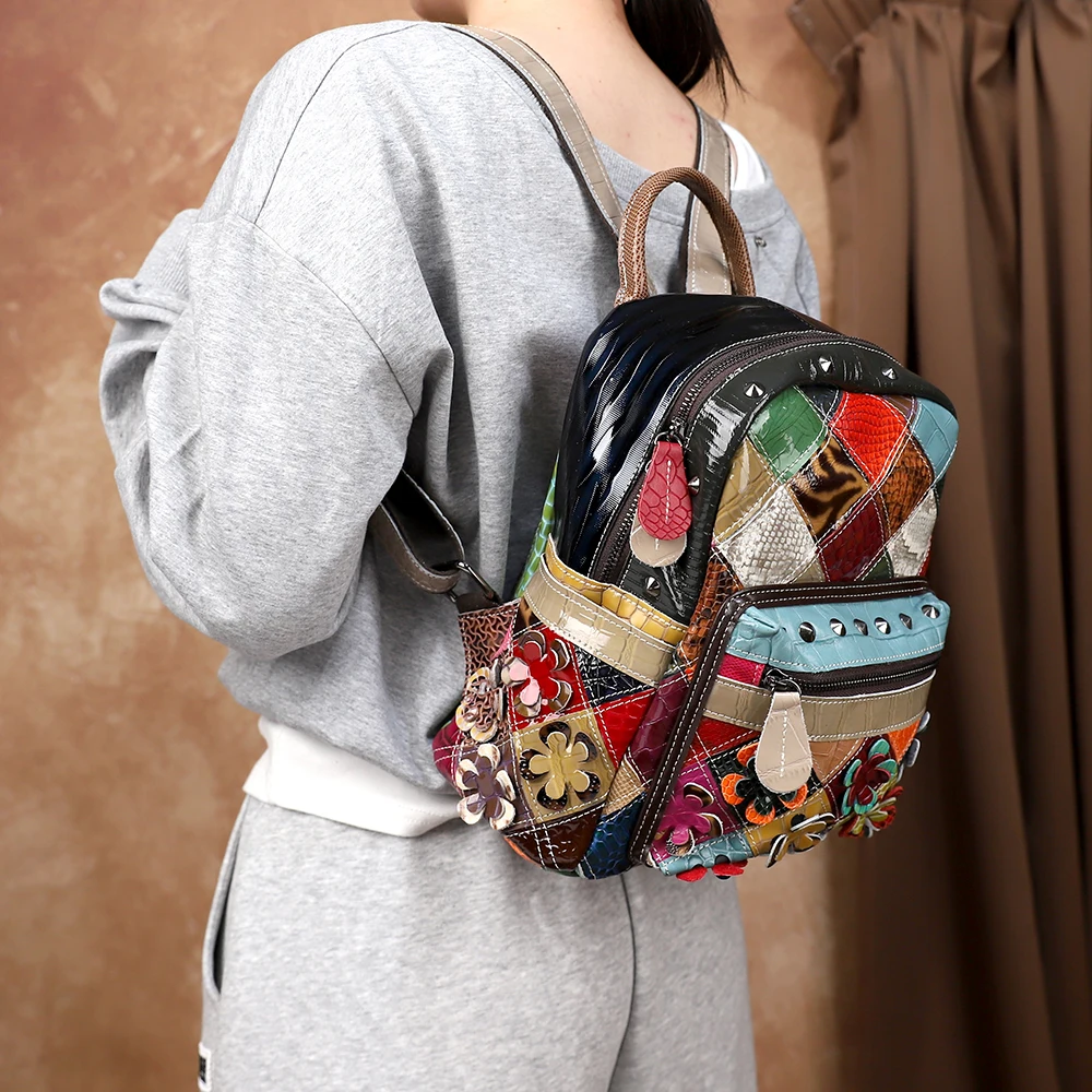 2026 New Ethnic Style Patchwork Color Collision Backpack with Leather Texture Splicing Multifunctional Backpack