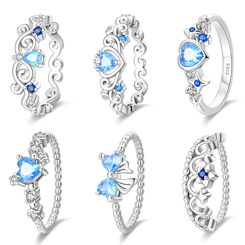 Ring Heart Sky Blue Zircon Hollow Band Ring Original Silver Plated Valentine's Fine Gift Women Jewelry Wedding Wear Accessory