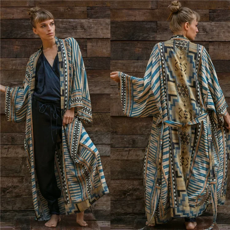 Kimono Beach Wear Beach Bohemian Clothing Loose Swimsuit Cover Up Front Open Belt Kaftan Robe Plage Beach Pareos Dress Tunic2024