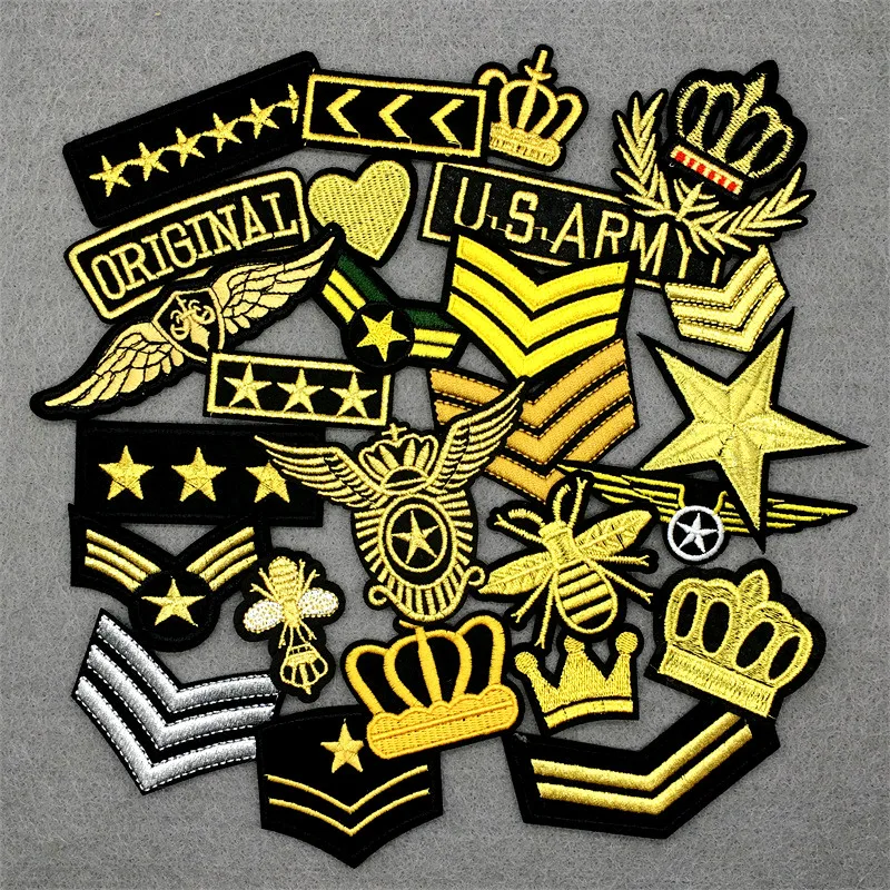 25pcs/lot Crown Army Embroidery Patches on Clothes Stickers DIY Iron-on Sewing Patches for Clothing Applique Golden Silver